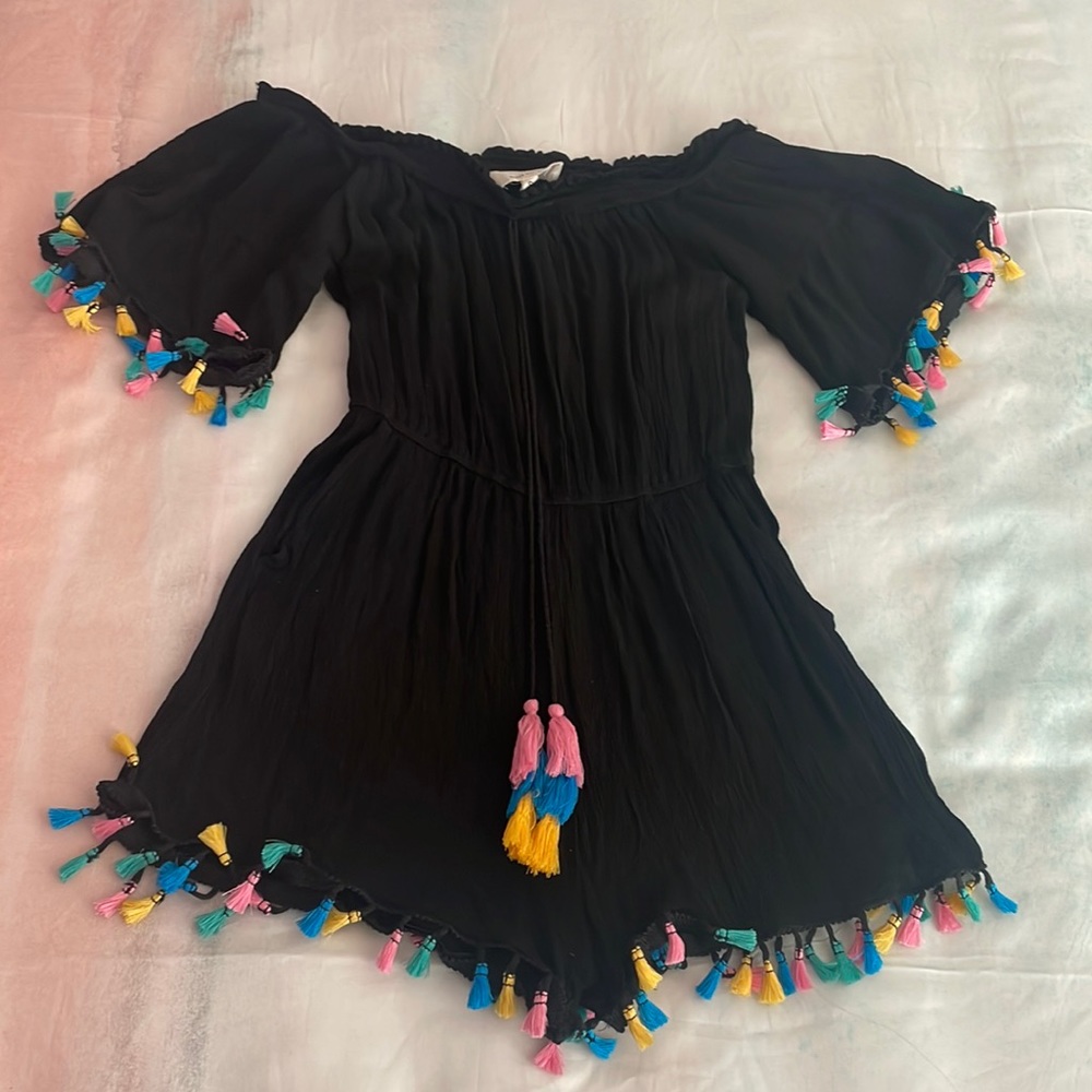 Black romper with colorful fringe